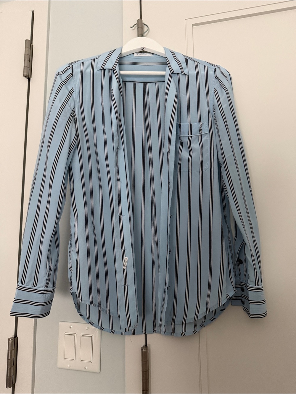 Equipment Light Blue and Black Striped Silk Blouse